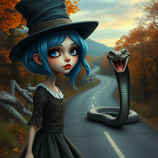 digital art fantasy depicting a strange girl with blue hair, long eyelashes, orange lipstick and a tall hat walking along a winding road on an autumn afternoon, an Cobra smiles as she passes