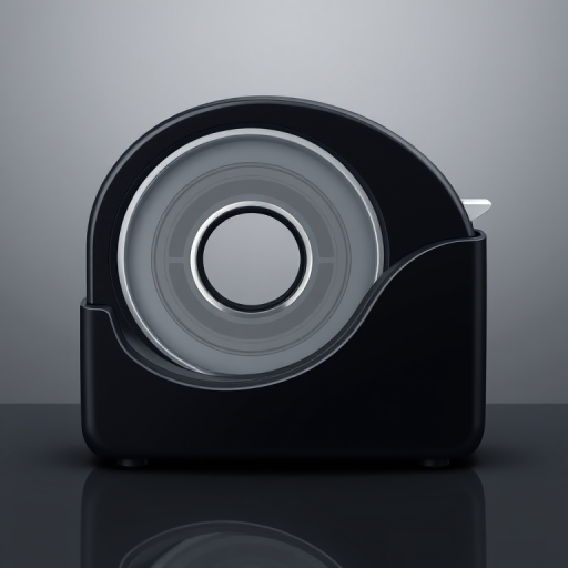 Create a high-resolution digital illustration of a modern black tape dispenser with a sleek design, using a DSLR camera with a 50mm lens, aperture of f/2.8, ISO 100, shot in a soft light studio setting with a slight overhead angle to capture details and shadows effectively.