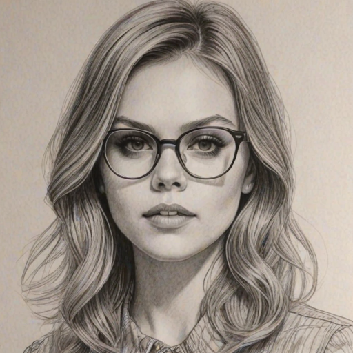 Stunning Aimee Teegarden, pencil sketch, portrait of Bewitching woman 1976s in glasses, hair style beatnik, outline, clear lines, fine lines, 8k