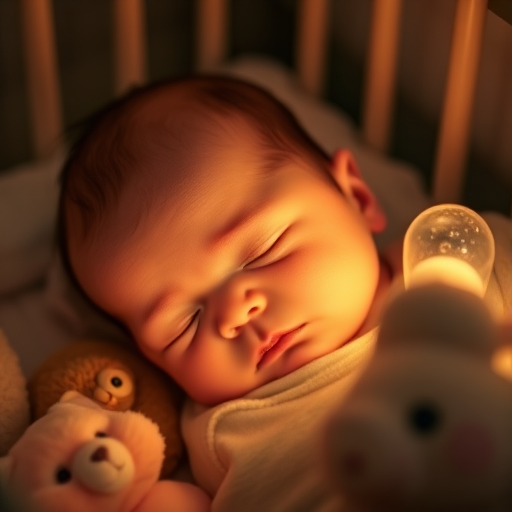 Warm, softly lit image of a newborn baby sleeping peacefully in a crib, soft glow from a nightlight illuminating the delicate features, with plush toys scattered nearby.