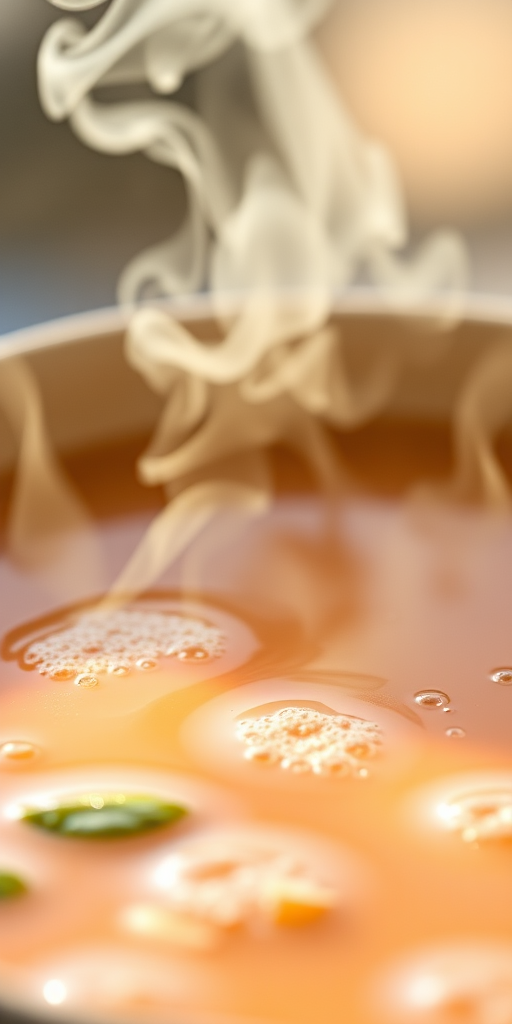 Create a high-quality digital illustration of a steaming bowl of soup with visible bubbles, using a close-up view, natural soft lighting, shallow depth of field, and a 50mm lens on a DSLR camera.