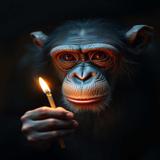 chimpanzee holding a lit matchstick in a dimly lit environment with a focus on its expressive face, depth of field, 85mm lens, f/1.4 aperture, ISO 200, soft natural lighting, close-up shot, DSLR camera