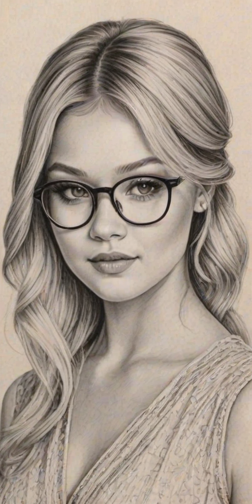 Ravishing Olivia Holt, pencil sketch, portrait of Beauteous woman 1929s in glasses, hair style beatnik, outline, clear lines, fine lines, 8k