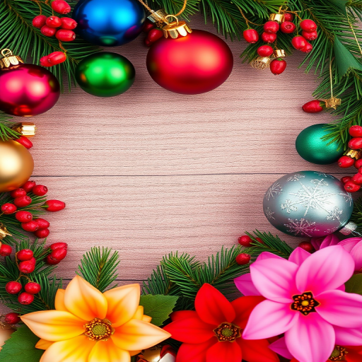 Create a vibrant holiday frame with multicolored ornaments, pine leaves, and festive flowers, captured with a DSLR camera at f/2.8 aperture, 1/60 sec shutter speed, ISO 100, top-down view, in a macro photography style to enhance detail and color vibrancy.