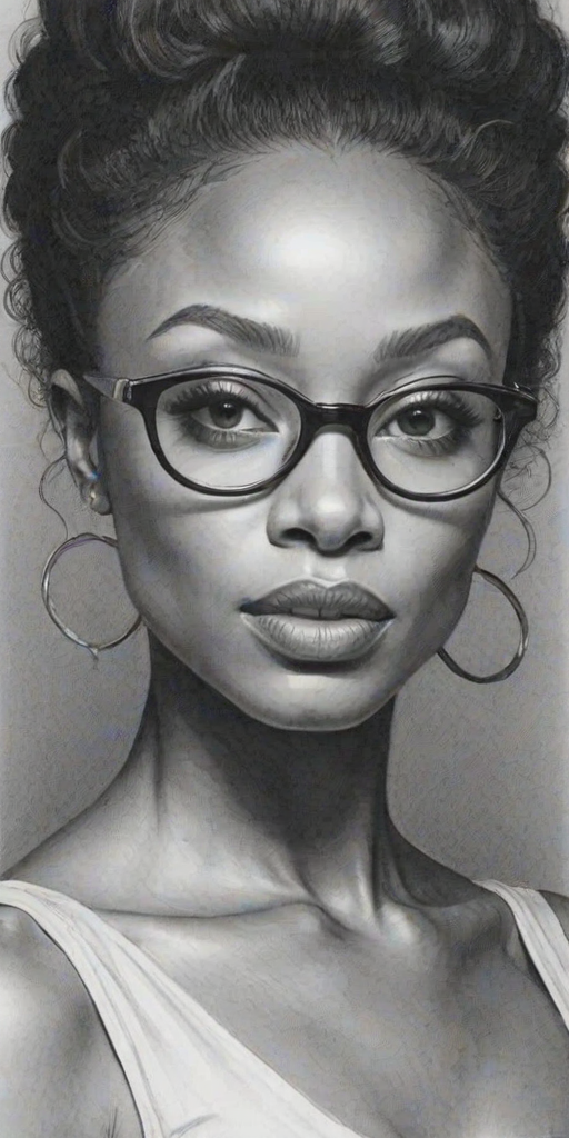 Bewitching YaYa DaCosta, pencil sketch, portrait of Appealing woman 1961s in glasses, hair style beatnik, outline, clear lines, fine lines, 8k