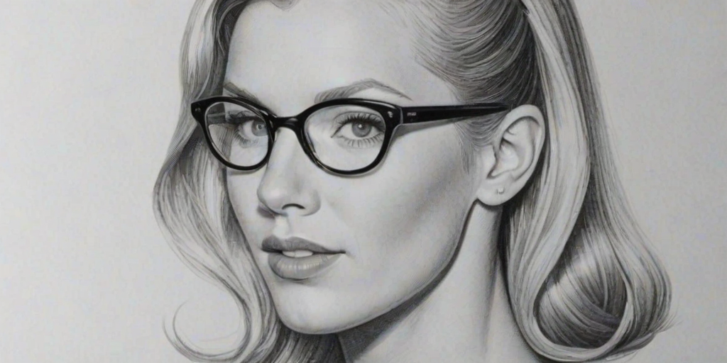 Captivating Heather Morris, pencil sketch, portrait of Exquisite woman 1956s in glasses, hair style beatnik, outline, clear lines, fine lines, 8k