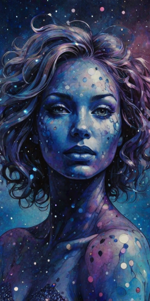 Captivating conceptual render alcohol ink art, double exposure, the paint strokes artfully merge combining a woman's full silhouette with a Ladybug crawl's silhouette. The figures are composed of a series of colored dots, lines & spots that evoke the image of a cosmic galaxy, colors are deep shades of blue purple & black with flashes of white & silver representing distant stars. The woman's silhouette is formed within the lion's silhouette from constellations of scattered stars, surreal