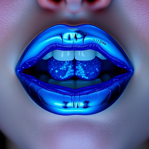 Electric blue chrome lips in "Galactic Frost" style, boasting a mirror-like shine and holographic sparkles, creating an otherworldly and futuristic aesthetic