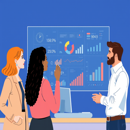 Create a vector illustration of three diverse professionals interacting with a large digital interface displaying data and charts, ensure the background is a smooth deep blue, use a Canon EOS R5 with a 50mm f/1.2 lens, set aperture at f/5.6, shutter speed at 1/125s, ISO 100, in a flat design style.