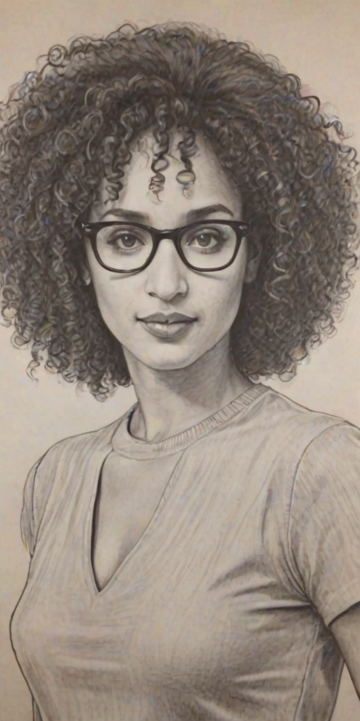 Appealing Karyn Parsons, pencil sketch, portrait of Attractive woman 1965s in glasses, hair style beatnik, outline, clear lines, fine lines, 8k