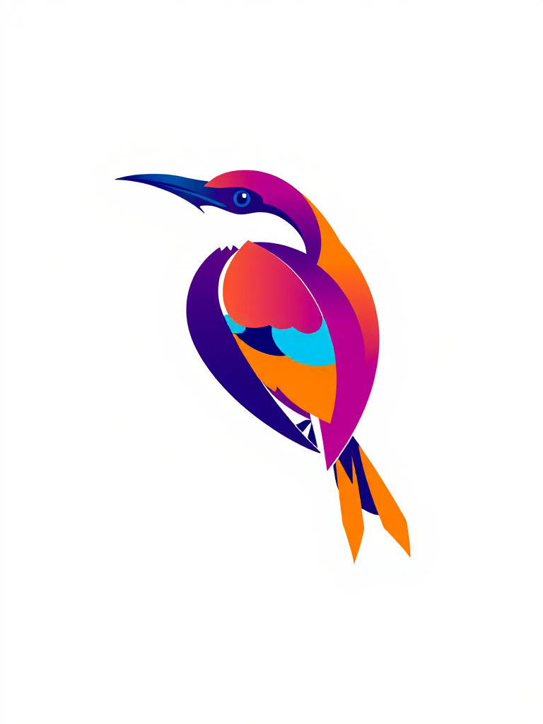 Generate a vibrant and abstract bird logo with a modern design featuring bold colors like purple, orange, and blue, using a digital illustration style, at a resolution of 300 DPI, in a clean studio lighting setup with a 50mm lens aperture set to f/2.8 for a sharp focus on the bird, capturing it from a slightly elevated front angle.