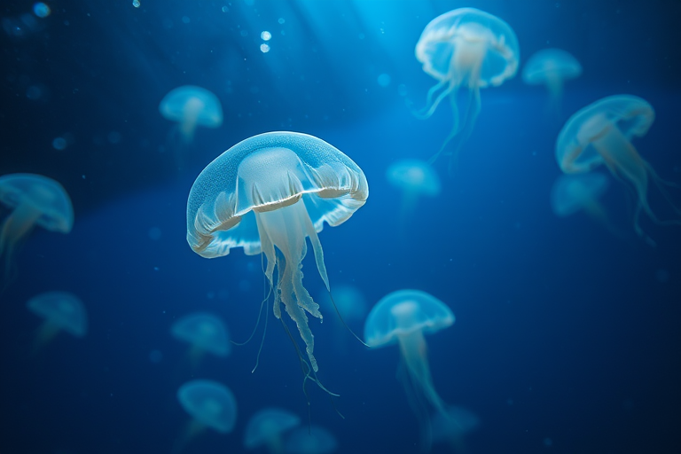 Underwater scene of glowing jellyfish, soft underwater lighting, shallow depth of field, aperture f/2.8, ISO 400, shutter speed 1/60s, wide-angle lens, taken with a DSLR camera from a low angle perspective.