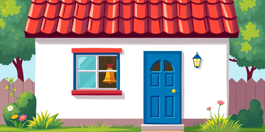 Generate a vibrant and detailed illustration of a simple house with a red roof, blue door, and a bell in the window, using a Canon EOS 5D Mark IV with a 50mm lens, aperture set at f/8, ISO 100, and a natural lighting setup for enhanced image quality.