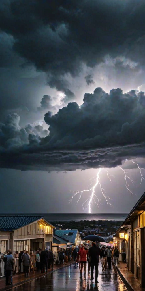 Dramatic thunderstorm over a coastal town, dark clouds rolling in, flashes of lightning illuminating the scene, and people rushing to seek shelter as raindrops begin to fall.