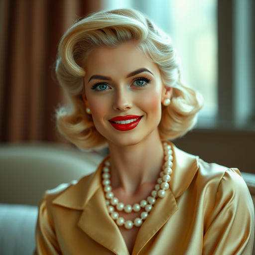 A beautiful woman reminiscent of 1950s Hollywood glamour, with perfectly styled blonde hair and a seductive smile, dressed in a satin blouse and adorned with pearls, soft and warm tones, photorealistic, 8K