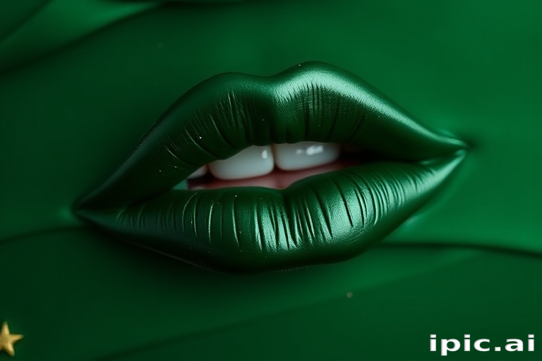 Deep forest green lipstick with a satin finish, titled "Enchanted Evergreen," boasting a long-lasting formula and subtle metallic sheen