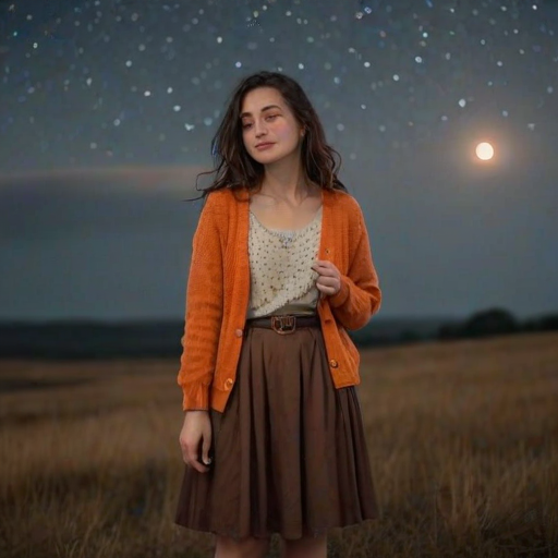 a young woman standing under a starry sky, holding a camera, wearing a bright orange cardigan and a long brown skirt, with a textured moon in the background, rain softly falling around her, creating a dreamy atmosphere