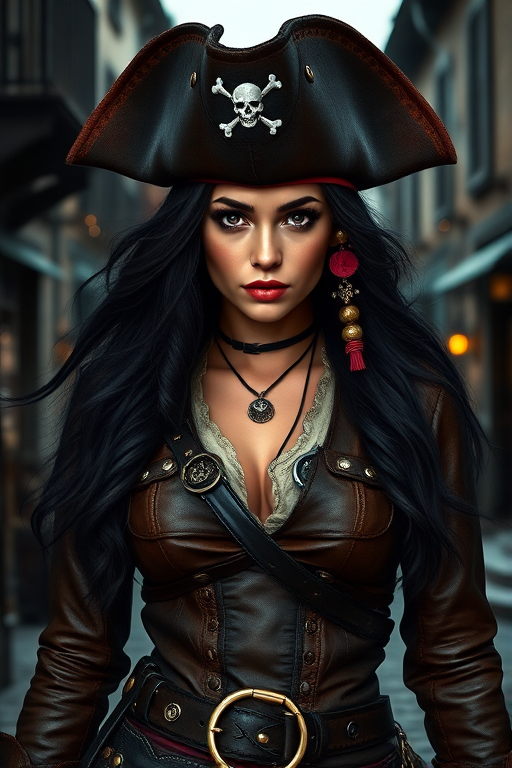 Create a portrait of a fierce female pirate. She wears a leather tricorn hat adorned with a skull and crossbones emblem, and her long, dark hair flows around her face. Her outfit consists of a richly detailed leather jacket, a corset, and multiple layers of belts and accessories, giving her a formidable and stylish appearance. She stands confidently in a dimly lit, historic port town, with a backdrop of weathered buildings and cobblestone streets, capturing the adventurous spirit of a pirate.