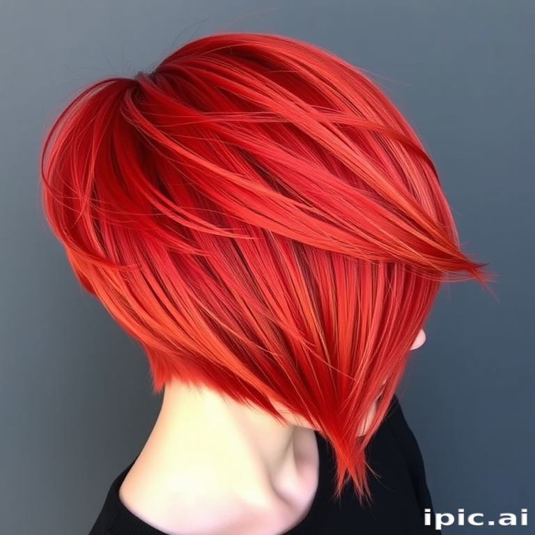 Fiery red bob with asymmetrical layers and razor-sharp edges, featuring subtle orange highlights that create a mesmerizing flame-like effect in the bold "Phoenix Rising" cut