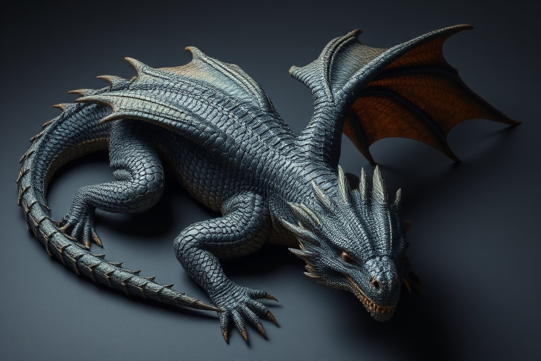 create a hyper-realistic image of a dragon lying down, showcasing intricate scales and detailed wings, captured using a DSLR camera with a 50mm lens, aperture set to f/2.8, ISO 200, 1/125 sec shutter speed, in a studio lighting setup to enhance textures and colors, slightly overhead view for dramatic effect.