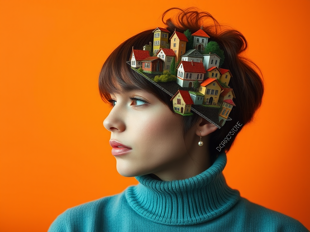 Generate a surreal portrait of a person with a landscape of stylized houses integrated into their hair, set against an orange gradient background, using a Canon EOS R5 with a 50mm f/1.2 lens, shot in soft natural light from the side, at ISO 100, aperture f/8, and shutter speed 1/200s for enhanced depth and detail.