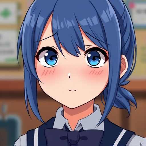 Create a detailed illustration of a girl with blue hair and a worried expression, wearing a school uniform with a bow tie, captured with a Canon EOS R5, 50mm lens, f/1.8, 1/125s, ISO 100, in a close-up portrait style with soft lighting and a blurred background to enhance focus on the character.