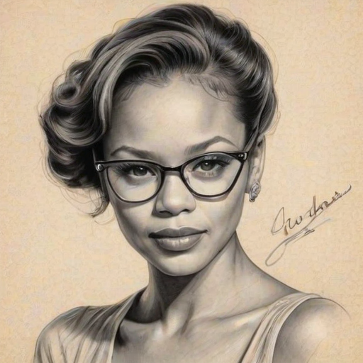 Enticing Carmen Ejogo, pencil sketch, portrait of Elegant woman 1937s in glasses, hair style beatnik, outline, clear lines, fine lines, 8k