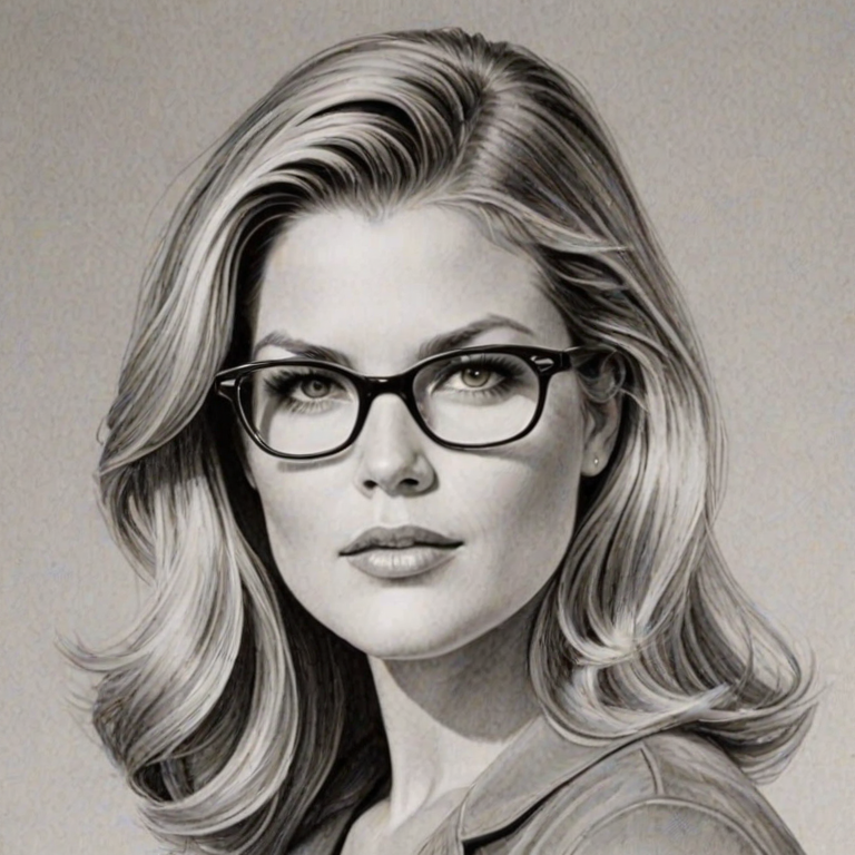 Delightful Ali Larter, pencil sketch, portrait of Bewitching woman 1960s in glasses, hair style beatnik, outline, clear lines, fine lines, 8k