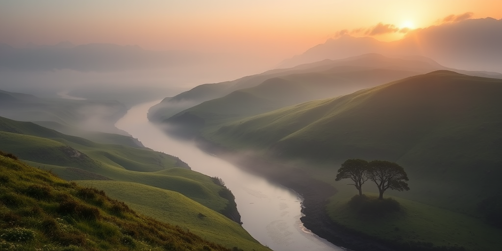 regenerate a serene landscape of lush green hills with a winding river and misty atmosphere, include a single tree on the bank, captured at sunrise with soft lighting, settings: ISO 100, aperture f/11, shutter speed 1/60s, view from a low angle to emphasize depth, use a DSLR camera, style: landscape photography, enhance colors and details for richness and clarity