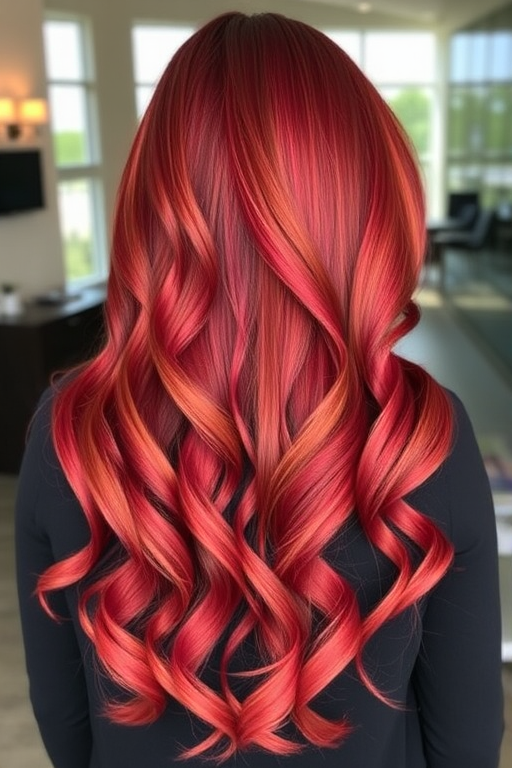 Elegant Crimson Cascade hairstyle featuring long, luxurious waves cascading down the back with a deep side part and subtle ombre effect transitioning from dark red to bright copper
