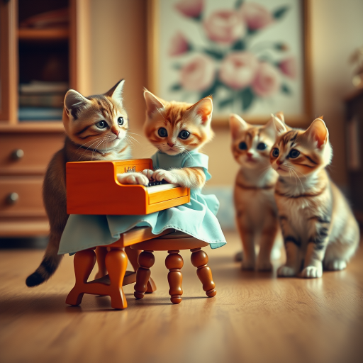 A charming scene of three cute cats in a vintage-style room. One cat, wearing a small, light-blue dress, sits on a tiny stool playing a miniature orange piano. Two other cats, with wide, curious eyes, watch the piano-playing cat intently. The room has warm lighting, with a cozy, old-fashioned aesthetic, soft wooden floors, and a blurred floral painting in the background. The overall mood is playful and whimsical, capturing the innocent curiosity of the cats. The image has a slightly worn, nostalgic feel, reminiscent of an old photograph.