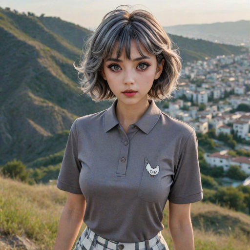 bird's-eye view, Serial Killer, on a hill, San Marinese eighteen Gaudia is well-defined, cursed, her slate gray shag haircut, her astonished honey eyes are tiny, gray heart-shaped lips, round face shape, very light skin, huge perky breasts, graceful arch of the foot, disgust face, (glamorous evening makeup:1.3), she is dressed in a patterned golf polo shirt and lightweight golf pants with a cropped length, casual hands-in-pockets stance, (Anime), big eyes, exaggerated expressions, stylized hair, manga