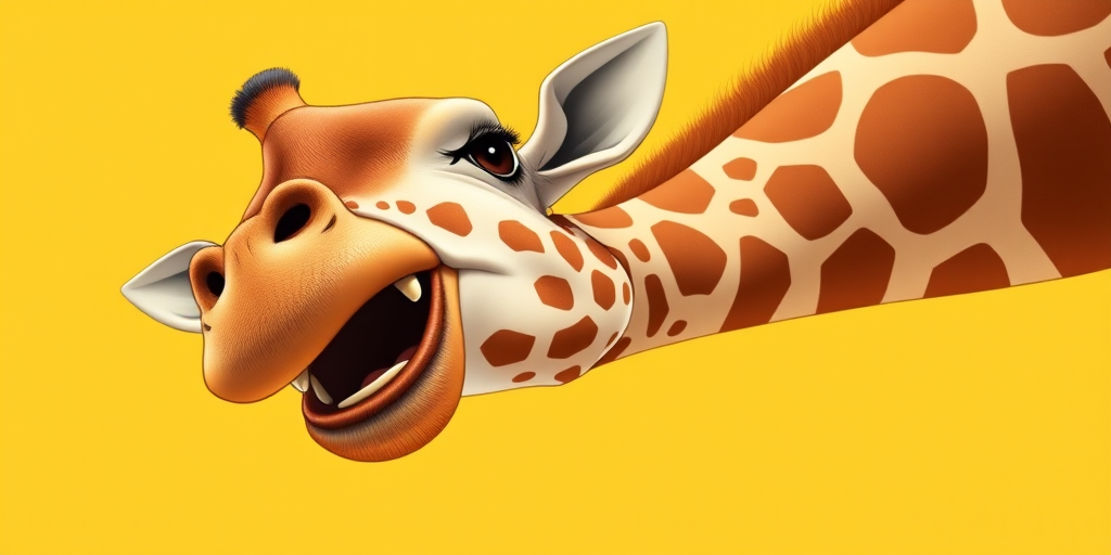 Create a detailed illustration of a giraffe with a playful expression, set against a bright yellow background, captured with a 50mm lens, f/2.8 aperture, ISO 100, shot from a low angle to emphasize height, using a digital SLR camera for high resolution and vibrant colors.