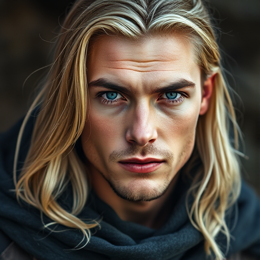 Create a high-resolution portrait of a muscular young man with long blonde hair and striking blue eyes, wearing a rugged, dark cloak, with soft lighting highlighting his facial features, captured with a DSLR camera at f/1.8 aperture, 50mm lens, ISO 100, in a shallow depth of field and a slight vignette effect for added focus.