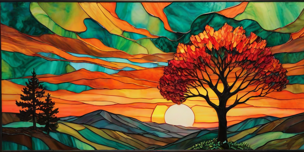 A vibrant abstract painting on Tiffany Glass, blending acrylic and alcohol ink techniques, captures a dramatic sunset over rolling hills. The artwork features a textured, rocky foreground in green and brown, layered abstract hills, and a striking sunset in rich oranges, yellows, and reds. A solitary black tree with intricate branches contrasts against the fiery sky, creating a dynamic and expressive portrayal of a breathtaking natural scene.