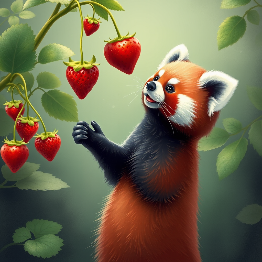 a redpanda is standing up and reaching for a strawberry that hangs on a plant, cute