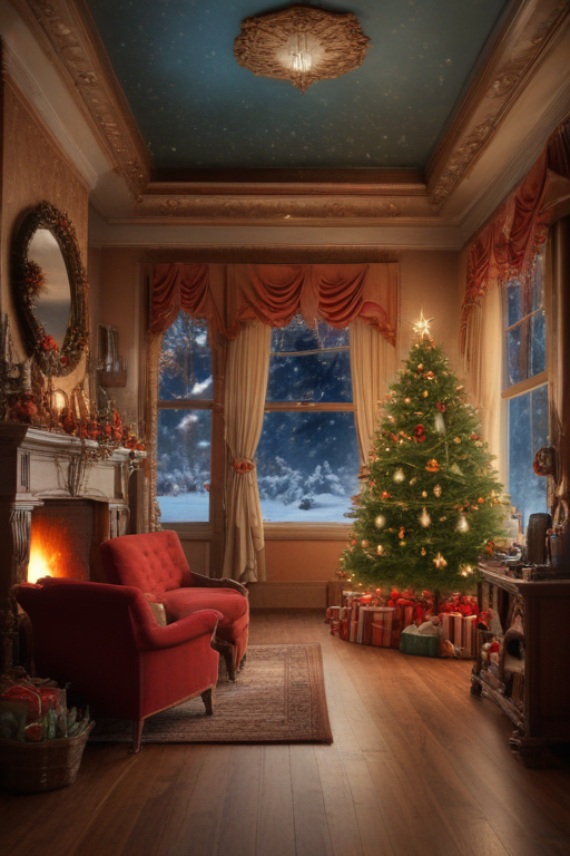 Cozy Holiday Living Room Decorated with a Christmas Tree and Gifts