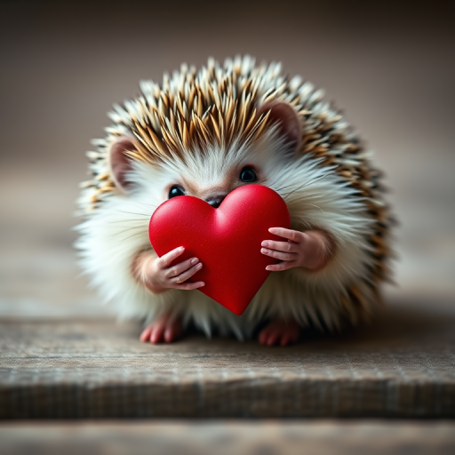 A cute hedgehog holding a red heart on a wooden surface, captured with a Canon EOS R5, 85mm f/1.4 lens, aperture set to f/2.8, ISO 100, natural light, shallow depth of field for a soft background.