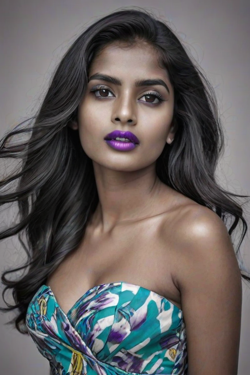 Photographic image of a beautiful young Sri Lankan woman, Yellow eyes, lips with cyan lipstick, long hair fluttering in the wind and wearing a silk strapless dress with a soft purple and orange print. monochrome image with only color highlights in the iris of the eyes, lipstick and dress. Gray background.