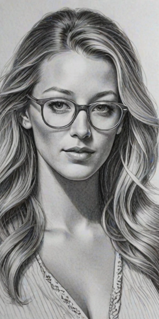 Stunning Blake Lively, pencil sketch, portrait of Exquisite woman 1970s in glasses, hair style beatnik, outline, clear lines, fine lines, 8k