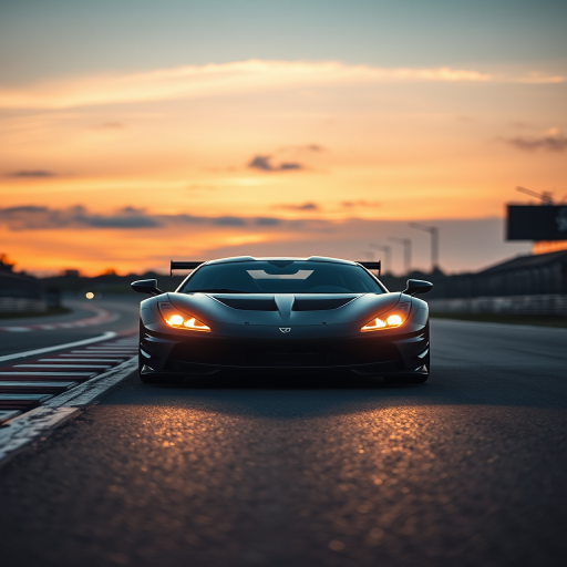High-performance car on a race track at sunset, captured with a Canon EOS R5, 50mm lens, f/1.8 aperture, ISO 100, 1/200 sec, wide-angle view, dramatic contrast and sharp focus, enhancing colors and details.