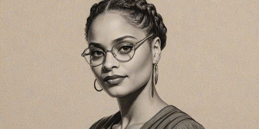 Appealing Ava DuVernay, pencil sketch, portrait of Graceful woman 1930s in glasses, hair style beatnik, outline, clear lines, fine lines, 8k