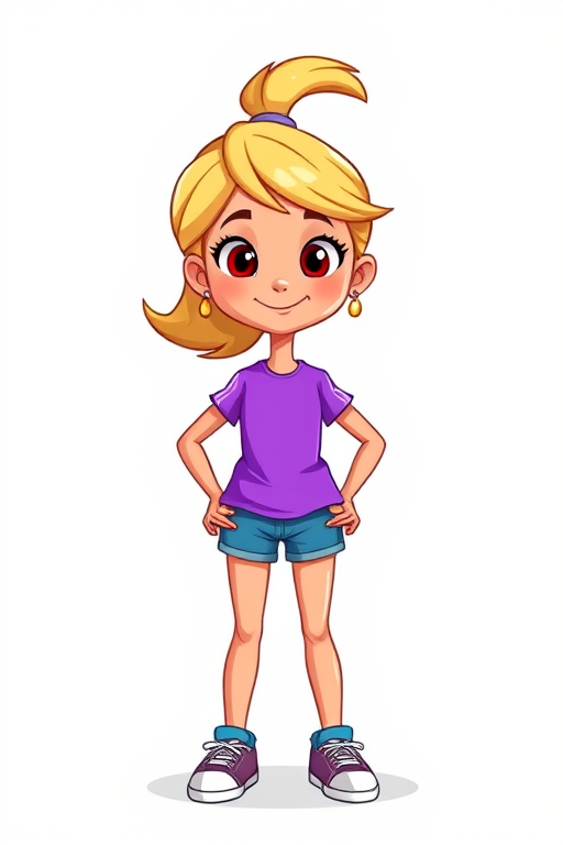 Create a vibrant cartoon character illustration of a girl with blonde hair styled upwards, wearing a purple t-shirt and blue shorts, standing confidently with hands on hips, using a 50mm lens, f/2.8 aperture, shot from an eye-level perspective with a slightly increased saturation and contrast for a more dynamic look.
