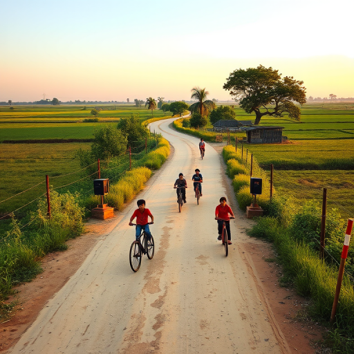 Capture a serene rural landscape featuring a winding dirt road with children riding bicycles, lush greenery on either side, natural lighting during golden hour, using a DSLR camera with a 50mm lens at f/2.8, ISO 200, 1/250 sec, from a slightly elevated angle to create depth and enhance image quality.