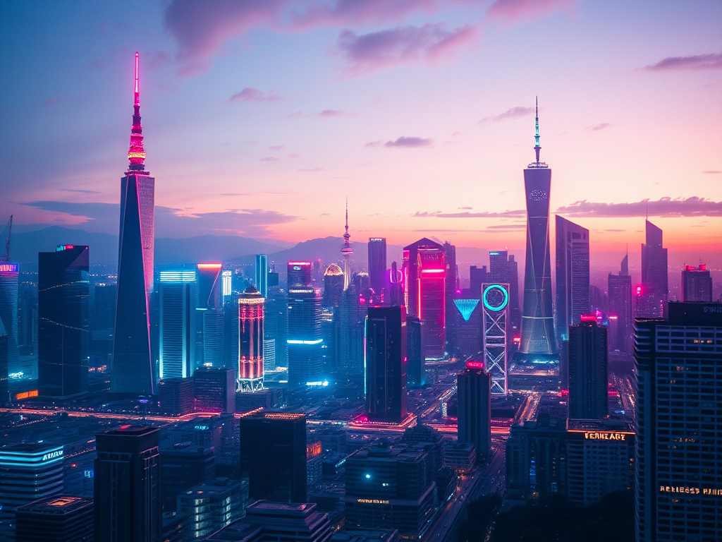 Generate a high-resolution artistic depiction of a futuristic city skyline at dusk with vibrant neon lights, using a DSLR camera with a 24mm lens, aperture f/4, ISO 200, 1/60 sec shutter speed, capturing a wide-angle view with a shallow depth of field to enhance the vibrancy and details.