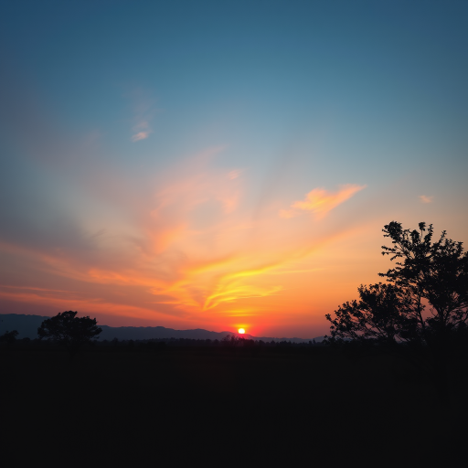 Capture a high-resolution image of a serene landscape at sunset with vibrant colors in the sky, using a Canon EOS R5 camera, 50mm lens, f/1.8 aperture, ISO 100, 1/125 sec shutter speed, wide-angle view, using a soft focus style.