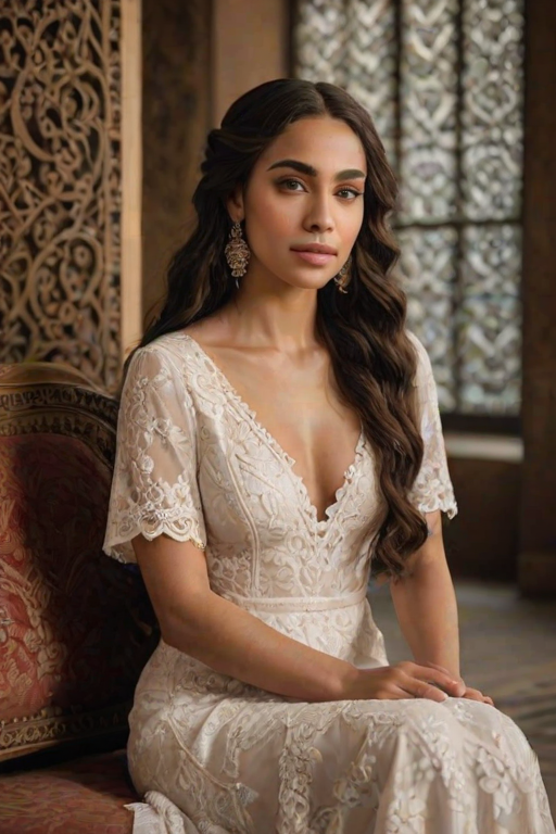 Create a portrait of a refined and elegant Coptic woman seated in a sophisticated setting. She has long, wavy hair styled in two thick braids that are pulled over her shoulders. She wears a white, lace gown with intricate patterns, featuring a deep V-neckline and short sleeves. The dress exudes a vintage charm with its delicate lacework. She is adorned with ornate, dangling earrings that add a touch of glamour to her appearance. The background is softly lit, with warm, ambient lighting that creates a cozy and inviting atmosphere. Her expression is poised and serene, capturing a sense of grace and elegance.