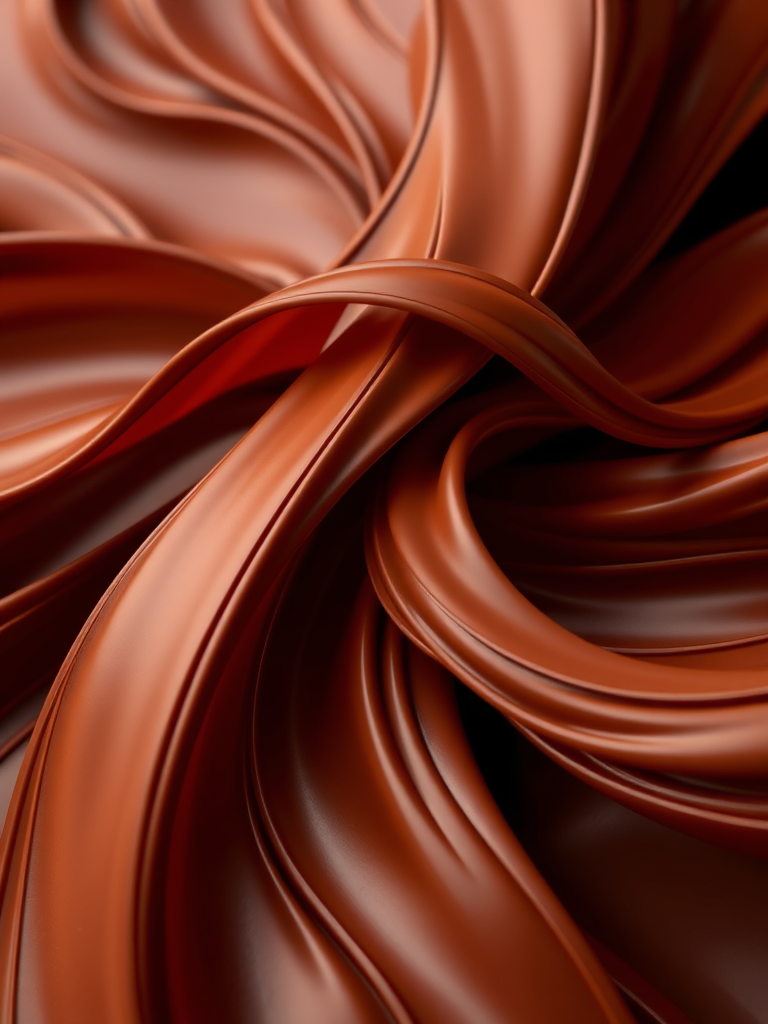 Create a high-resolution abstract image of flowing chocolate ribbons in rich brown tones, shot with a DSLR camera at f/8 aperture, 50mm lens, with a shallow depth of field and soft lighting to enhance texture and detail.