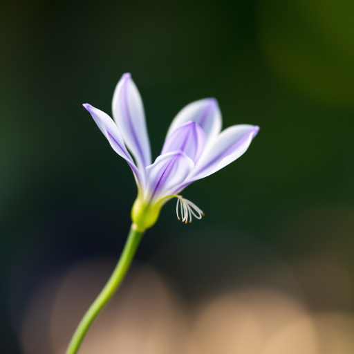 Capture a close-up of a delicate white and purple flower with a soft-focus background, using a DSLR camera, 85mm lens, aperture f/2.8, ISO 100, natural lighting, and a shallow depth of field to enhance image quality.