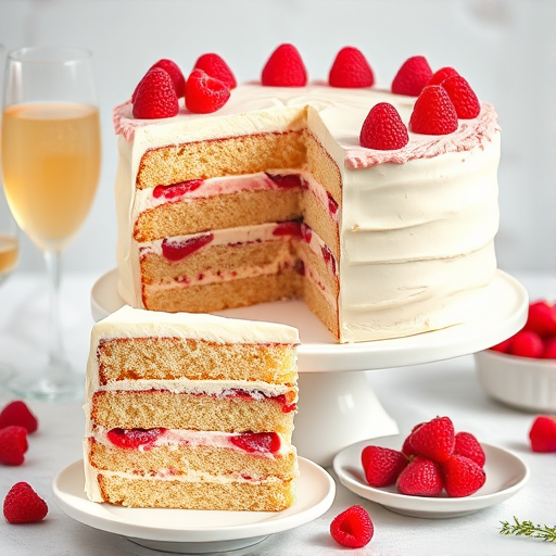 Create an image of a multi-layered white cake with raspberry filling and frosting on top decorated with fresh raspberries the cake should be displayed on a white cake stand with a slice of the cake on a plate beside it a glass of sparkling drink should be in the background alongside a small bowl of raspberries